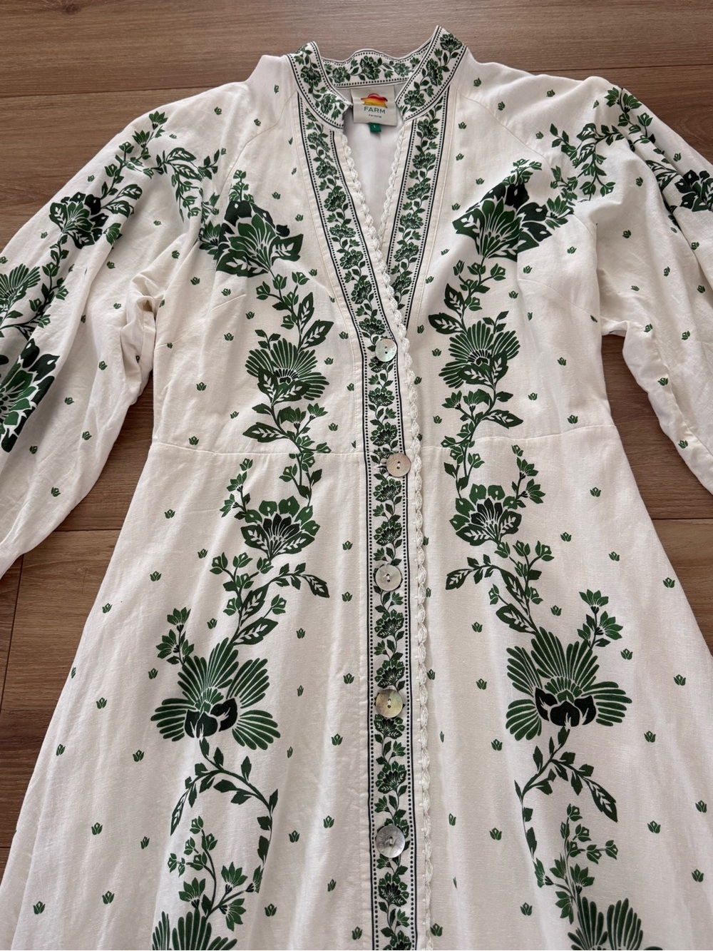 FARM RIO BRAND FOREST SOUL LINEN MAXI DRESS White & Green Floral LARGE SIZE - Picture 8 of 9